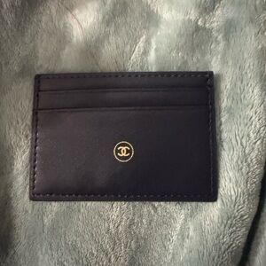 CHANEL Black Card Holder with Gold Logo